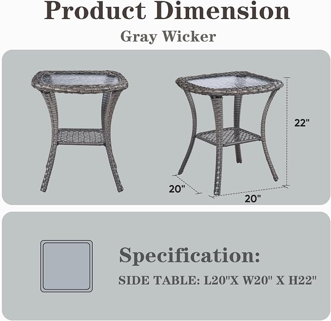 Small Outdoor Side Table - 50 LBS Weight Capacity Wicker Side Table with Storage, Tempered Glass Top Patio Side Table for Porch Balcony Deck Garden - Grey
