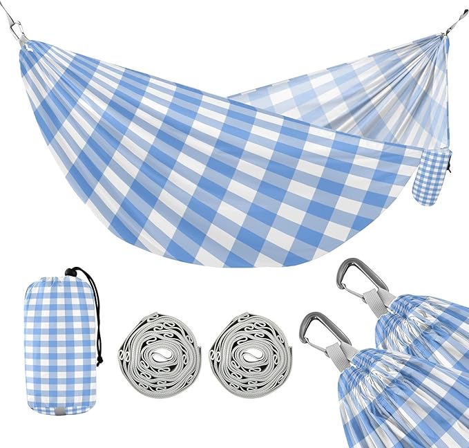 Qilmy Blue and White Plaid Pattern Camping Hammock Single – 330 lbs Capacity, Lightweight with Tree Straps & Carabiners, Portable for Hiking, Travel, Backpacking
