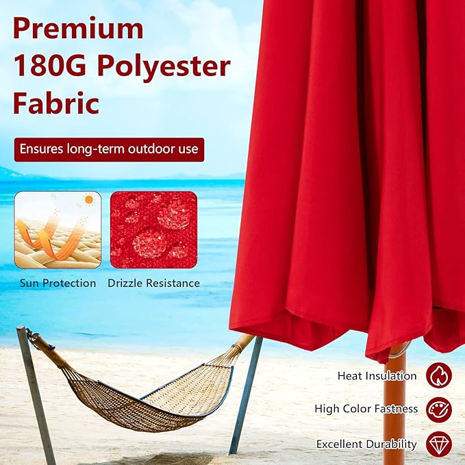 Tangkula 9.5 FT Red Wooden Pulley Umbrella with 8 Fiberglass Ribs, Rope Pulley Mechanism, and Vented Canopy for Patio, Deck, Poolside, Garden, Lawn, Terrace