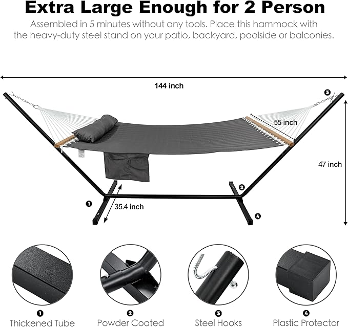 2 Person Hammock with Stand for Outside, Heavy Duty Steel Stand, 55inch Double Hammocks, Large Removable Pillow, Storage Bags, Max 475 lbs Capacity (Haze Gray)