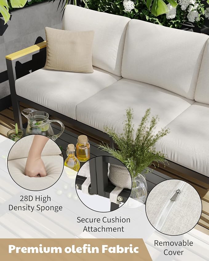 IDEALHOUSE Aluminum Outdoor Patio Furniture - 1 Pcs 3-Seat Sofa and Coffee Table, All-Weather Metal Modern Outside Furniture with Washable Thick Cushion for Balcony, Garden, Deck, Backyard, Beige