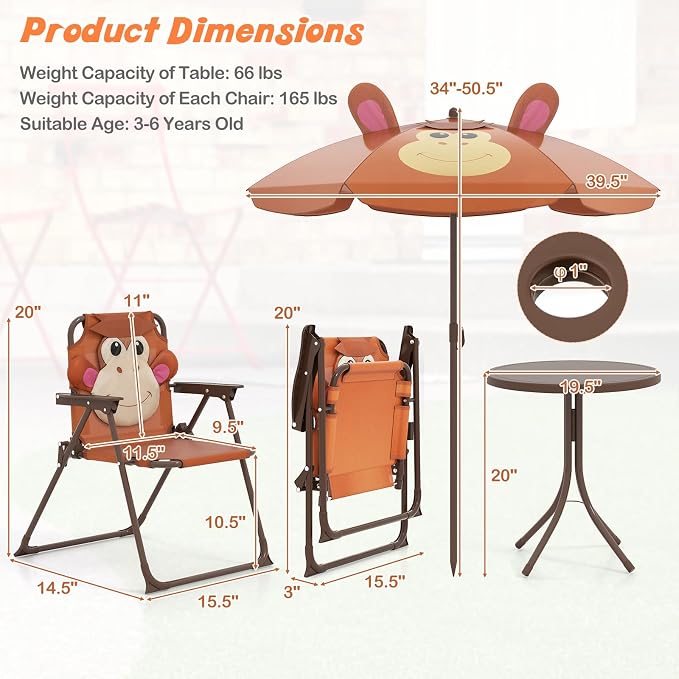 KOTEK Kids Picnic Table with Umbrella, Outdoor Table & 2 Folding Chairs, Cute Pattern Children’s Patio Furniture, Portable Kids Table and Chair Set for Backyard, Garden, Beach (Brown)