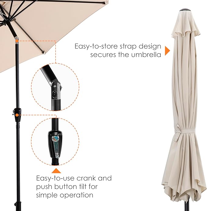 NUU GARDEN 7.5 FT Round Patio Umbrella, Outdoor Table Umbrella with Vent, 8 Sturdy Iron Ribs and Aluminum Pole, Market Umbrella with Push Button Tilt and Crank for Backyard, Poolside, Yard, Beige