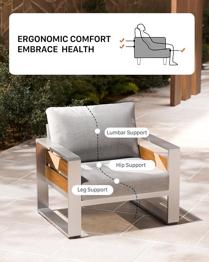 ZANDOR Aluminum Outdoor Patio Furniture Set with Coffee Table, 4 Seats Patio Conversation Sets with Washable Thick Cushions, Outdoor Sectional for Porch, Backyard, Deck, Garden & Poolside, Silver
