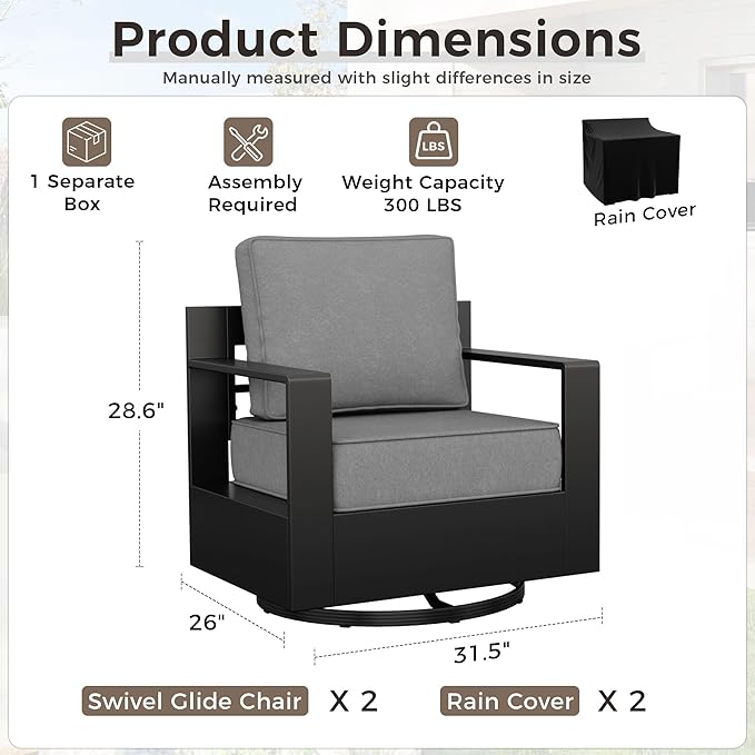 Aluminum Outdoor Swivel Rocker Patio Chairs Set of 2, All-Weather Metal Outdoor Chair with 6 Inch Thick Cushions, Deep Setting for Garden, Outside and Porch, Grey
