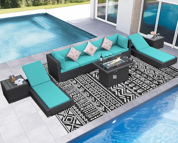 NICESOUL 9 Piece Outdoor Patio Furniture Set with Fire Pit, Modern Backyard Sectional with Chaise Lounge, Cozy 29.3'' High-Back Outside Seating Sofa, All-Weather Wicker Couch for Garden, Grey & Teal