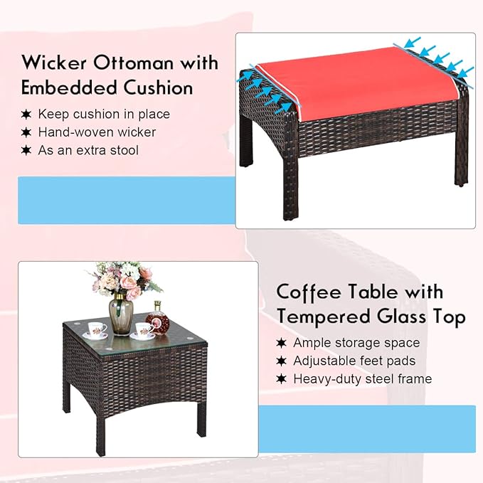 Tangkula 5 Pieces Wicker Patio Furniture Set, PE Rattan Outdoor All Weather Cushioned Sofas and Ottoman Set, 2-Person Outside Conversation Set for Lawn, Poolside, Yard, Balcony, Deck, Red