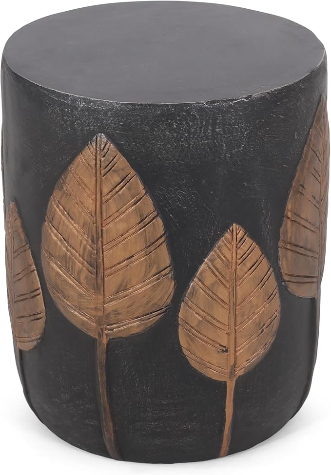 Outdoor Side Table Concrete End Table Round Drum Side Tables Antique Small Coffee Tables for Indoor Outdoor, Garden Stool Plant Stand for Porch Backyard Patio 15.25" *18.50 Black & Gold Leaves