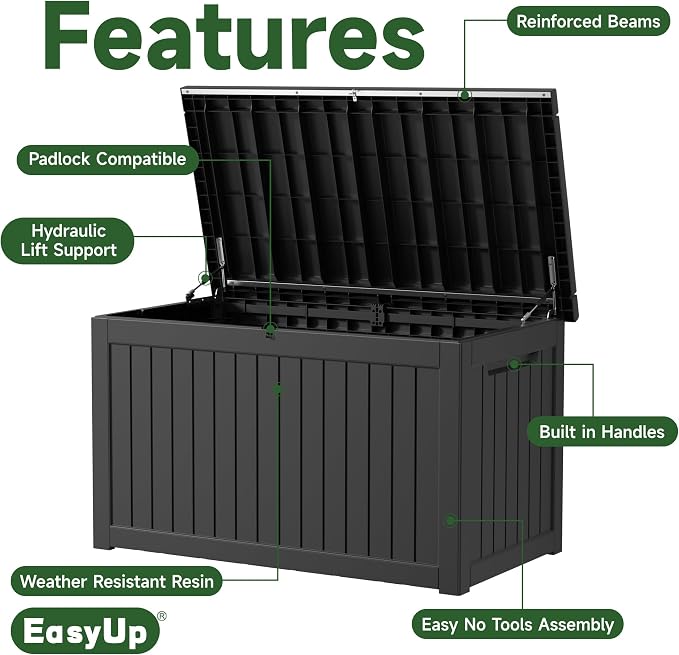 EasyUp 280 Gallon Deck Boxes Waterproof, Outdoor Large Storage Boxes with Lids, Outside Resin Storage Box & Deck Boxes for Patio, Garden Use(Black)