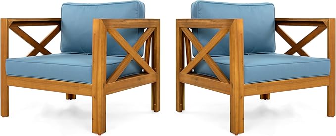 Christopher Knight Home Lucy Acacia Wood Outdoor Patio Furniture Set, 3 Pieces Patio Set, Round Side Table and ArmChairs Conversation Set with Cushion for Garden Lawn Balcony, Blue + Light Teak