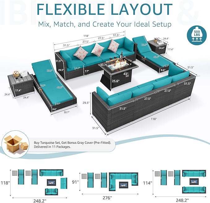 NICESOUL 13 Piece Outdoor Seating with Firepit, Comfortable Cozy Backyard Furniture with Fire Table and Lounge Chair, Modular Sectional Patio Sofas 500lbs Heavyduty with 10-Seat Group, Gray&Turquoise