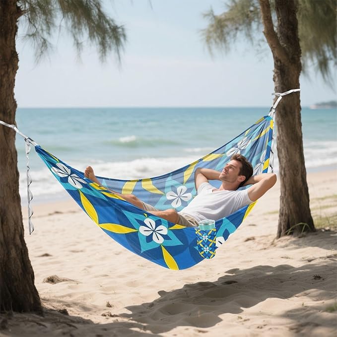 Blue and Yellow Japanese Vintage Flowers 330lb Capacity Hammocks with Portabl Carry Bag Rope Hammock for Outside Patio Backyard Poolside hamaca con soporte para adultos