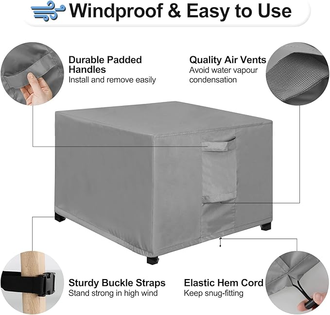 OutdoorLines Outdoor Waterproof Patio Ottoman Covers - Square UV-Proof Patio Side Table Cover Windproof Heavy-Duty Furniture Covering Protector 33L x 33W x 17H Inch, Grey