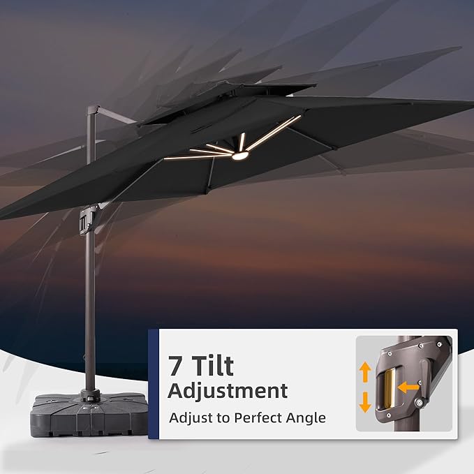 9x12 FT Patio Umbrella with Weighted Base and LED Lights Cantilever Outdoor Large Heavy Duty Rectangle Aluminum Offset Umbrellas Double Top 360 Rotation for Pool Deck Garden, Black