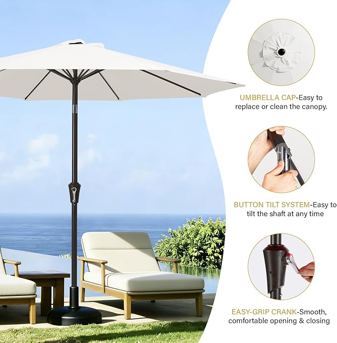 MEWAY 9ft Patio Umbrella Outdoor Table Umbrellas with Push Button Tilt and Crank, Market Umbrella 8 Sturdy Ribs for Deck, Garden, Pool and Backyard, Creamy-white