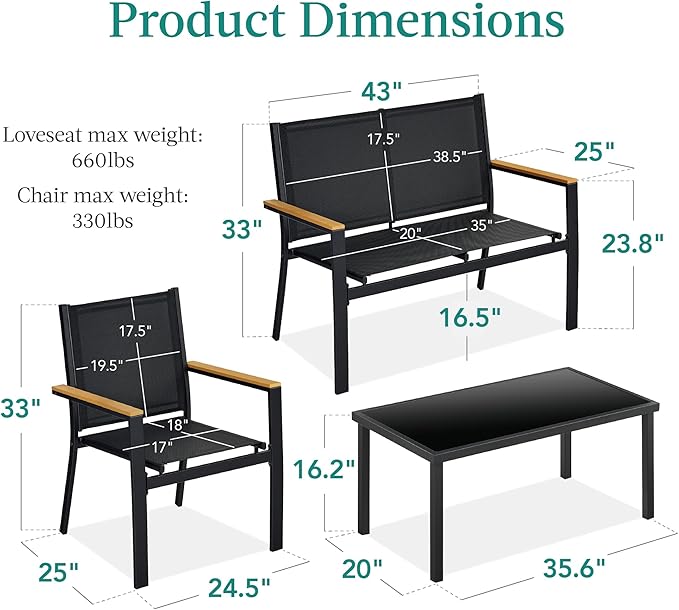 Best Choice Products 4-Piece Outdoor Textilene Patio Conversation Set, Backyard Furniture w/Loveseat, Coffee Table, Steel Frame - Black/Black