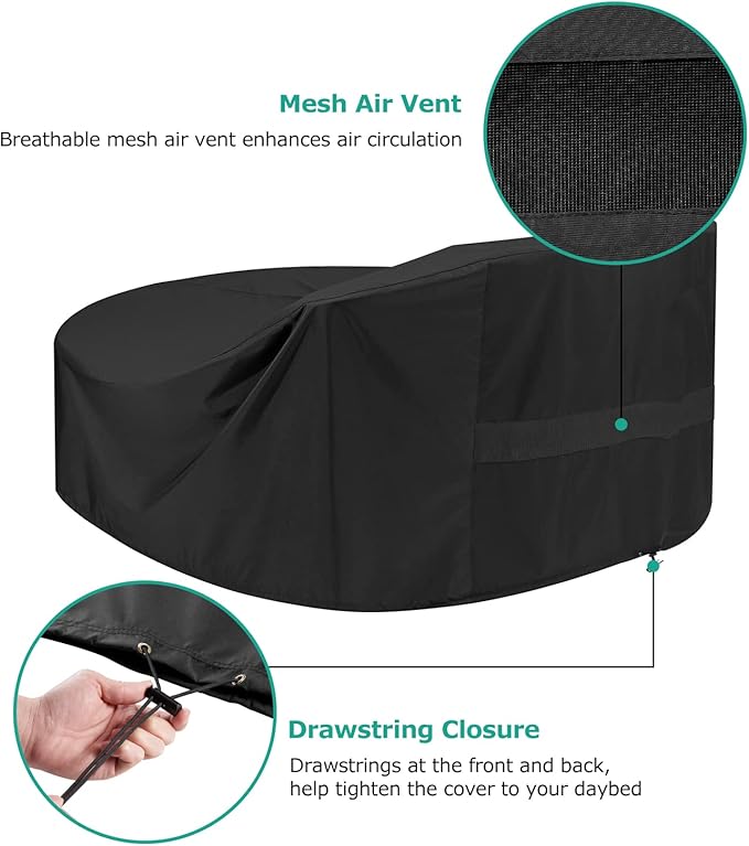 SunPatio Outdoor Daybed Cover Waterproof 88 Inch, Round Daybed Protector Patio Canopy Sofa Cover with Taped Seam and Air Vent, 88" L x 85" W x 16"/35" H, All Weather Protection, Black