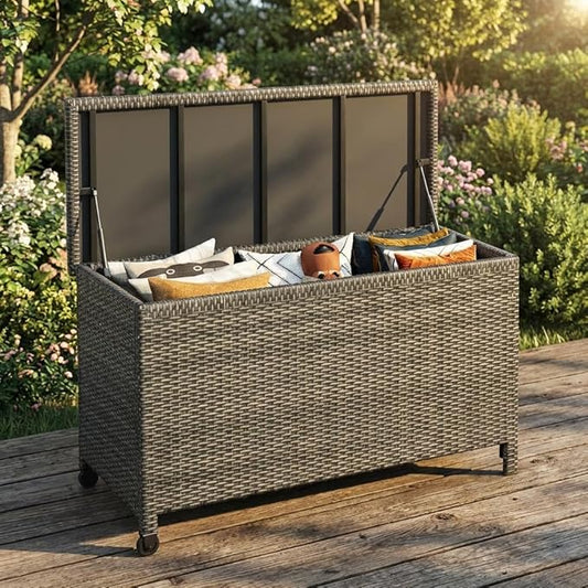 GarveeLife Outdoor Wicker Storage Box, PE Rattan Patio Storage Chest with Steel Frame, Weather-Resistant Deck Storage Box for Cushions, Garden Tools & Pool Accessories – Brown Wicker