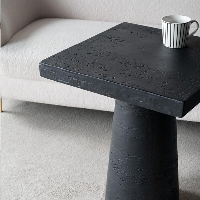 Faux Stone Side Table Square End Table Patio Small Drink Table for Small Spaces Outdoor Modern Pedestal End Tables Farmhouse Nightstand for Living Room Bedroom Corners Office (Black)