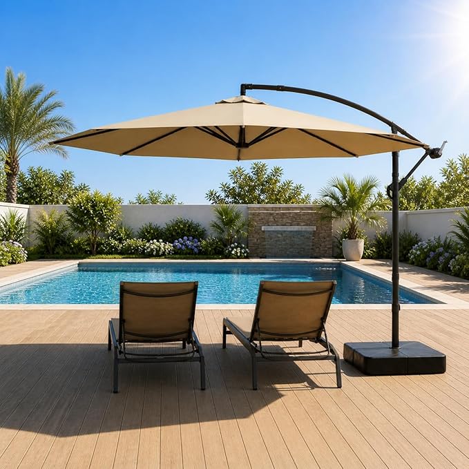 10FT Patio Umbrella with Base, Outdoor Umbrella Pool Umbrella Cantilever Umbrells - UV Protection, Easy Tilt & 360° Rotation for Poolside, Backyard & Garden