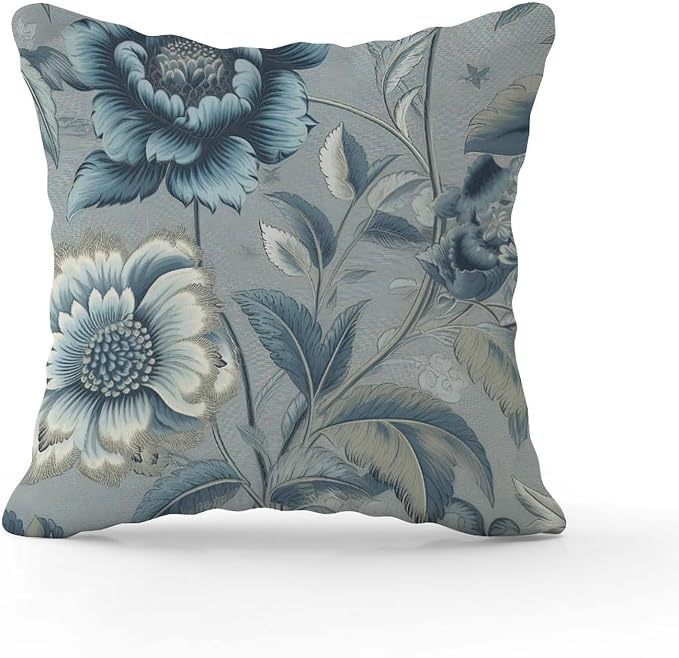 Spa On Flax Blue Chinoiserie Pillowcase Blue Grey Asian Flower Throw Pillow Cover Retro Outdoor Waterproof Decorative Pillow Cover for Patio Garden Couch Tent 26x26 in