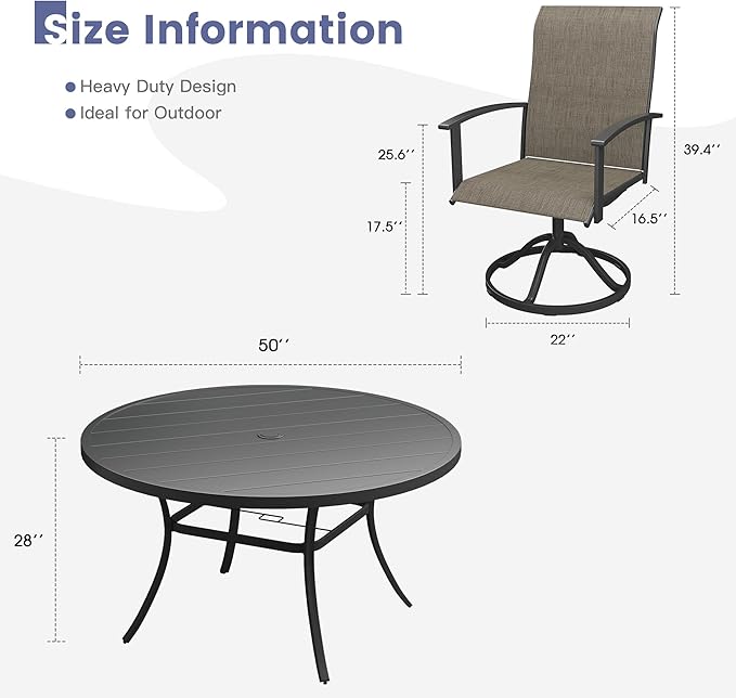 VICLLAX Outdoor Table and Chairs Set for 6, Patio Dining Set of 50 Metal Round Patio Table with Umbrella Hole & 6 Swivel Outdoor Dining Chairs for Backyard Lawn, Mixed Brown & Black
