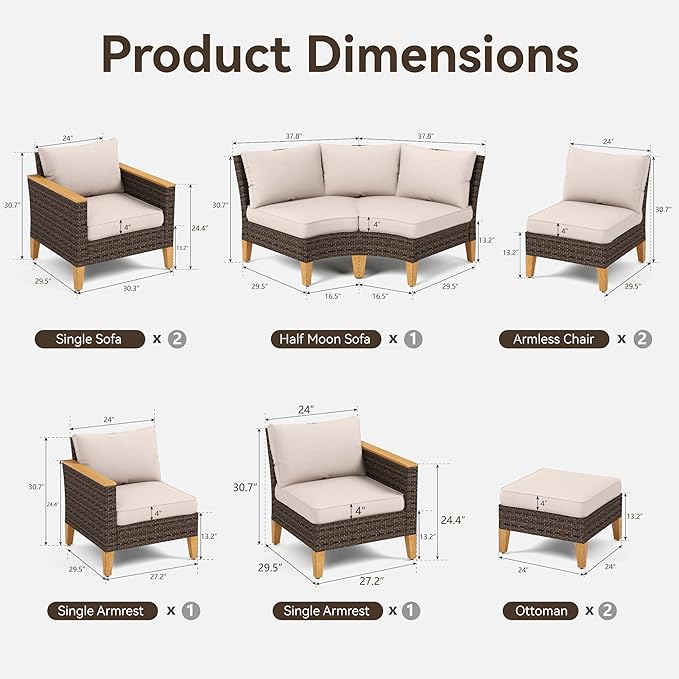 GREEN PARTY 10 Pieces Wicker Patio Furniture Set, All-Weather Outdoor Rattan Half-Moon Curved Patio Sectional Sofa Conversation Set with 4" Thick Cushions for Garden, Backyard, 2 x Ottomans
