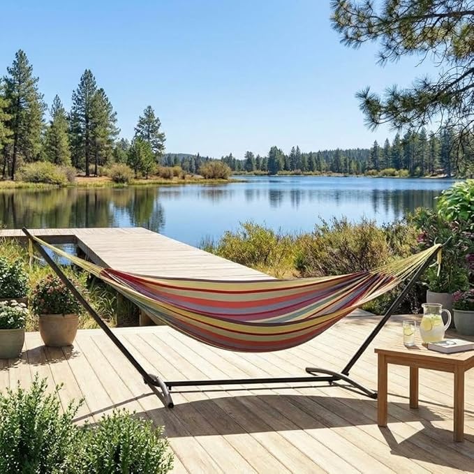 Hammock with Stand for Outside, Heavy Duty 2 Person Hammock, Portable Double Hammock with Space Saving Steel Hammock Stand, Outdoor Hammock for Patio, Garden and Backyard, 450 lbs Capacity