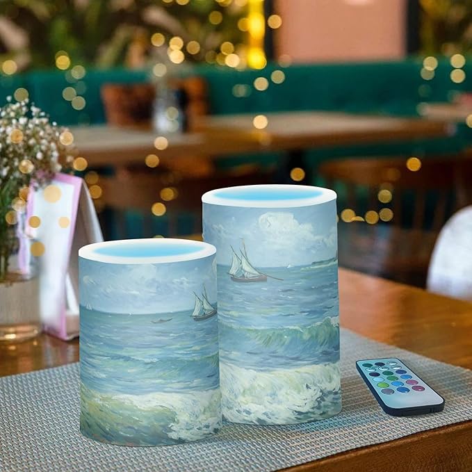 Van Gogh Sailboat Flameless Candles Color Changing LED Candles with Remote Control Battery Candles for Outdoor and Indoor Home and Room Decoration, 3'' x 4''/5'' Set of 2 Pieces