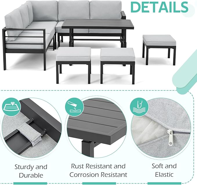 All Weather Aluminum Frame Patio Conversation Set, 7 Pieces Outdoor Patio Furniture, Patio Furniture Set, Outdoor Patio Set for Lawn, Garden, Balcony, Poolside, Conversation Set(Grey