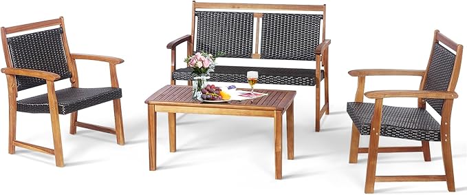 DORTALA 4 Piece Wood Patio Furniture Set, Outdoor Wicker Rattan Conversation Set with Chairs & Coffee Table for Garden, Backyard, Poolside