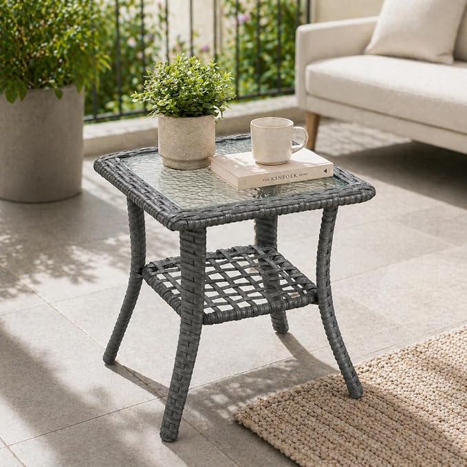 Patio Wicker Side Table - Rattan End Table with Glass Top for Outdoor Patio, Porch, Deck, Square ，Grey Wicker