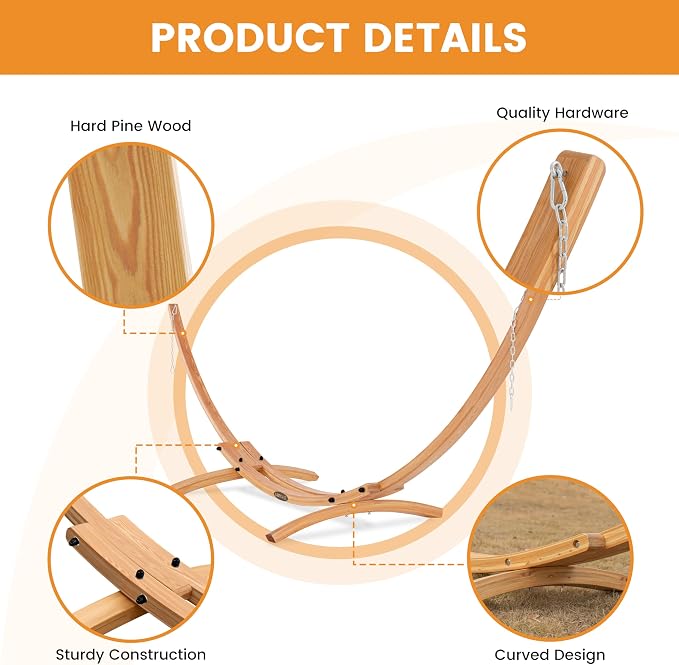 Lazy Daze Hammocks 2 Person Caribbean Rope Hammock with Wood Stand, 10.5FT Polyester Hammock with Spreader Bars, 13FT Heavy Duty Stand Combo, 450 LBS Capacity for Outdoor Backyard Poolside, Cream