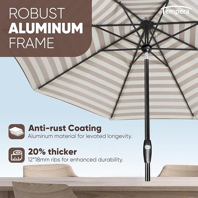 Tempera Patio Market Outdoor Table Umbrella with Auto Tilt and Crank, Large Sun Umbrella with Sturdy Pole & Fade Resistant Canopy, Easy to Set