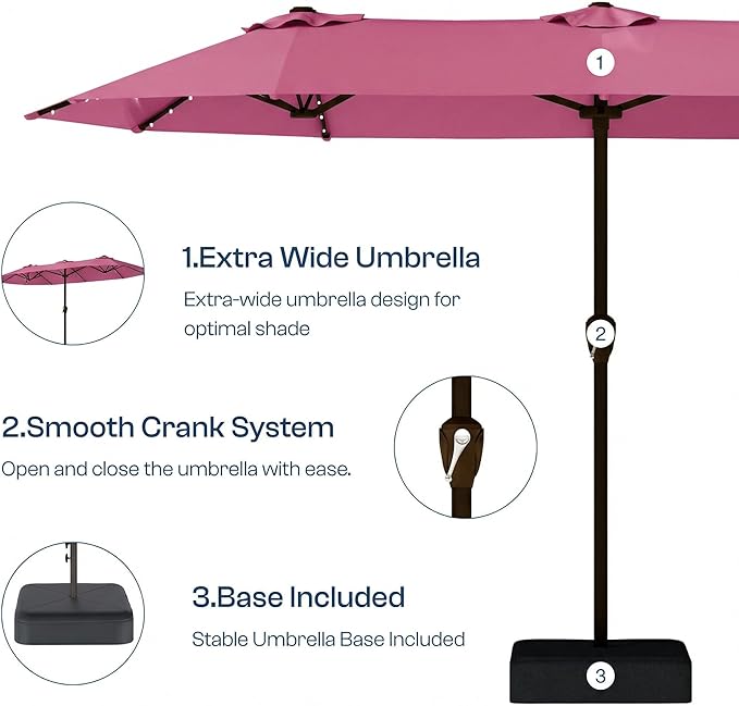 15FT Patio Umbrella with Solar Lights, Double-Sided Extra Large Outdoor Table Umbrella with Base Included, Heavy-Duty 12 Iron Ribs Market Umbrella for Garden, Pool, Backyard, Rose Pink
