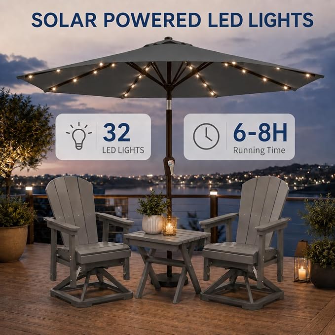 10FT Solar Patio Umbrella with Lights, Outdoor Table Market Umbrella with 32 LED Lights, 8 Sturdy Ribs, Push Button Tilt and Crank for Pool, Deck and Garden, UV-Resistant