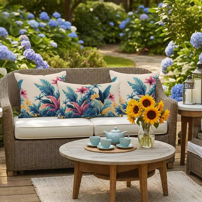 Summer Tropical Leaves Waterproof Outdoor Pillow Covers Set of 2 Home Decor, Farmhouse Botanical Plants Pillowcase Patio Pillow Covers for Couch Bench Furniture Garden 20x20in
