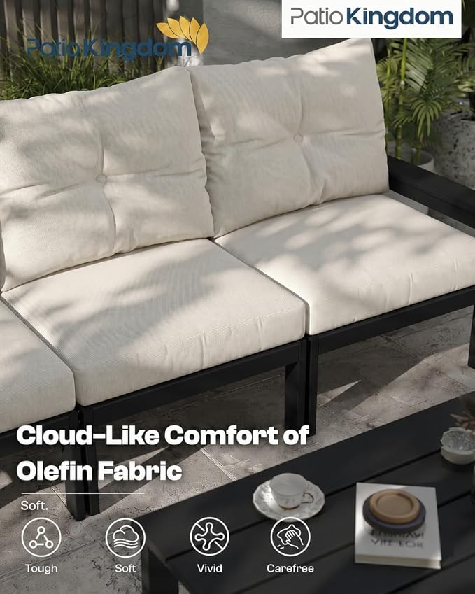 HDPE Outdoor Patio Furniture Set, 7-Piece Patio Conversation Sets with Coffee Table & Side Table & Beige Washable Thick Cushions, Outdoor Sofa for Balcony, Porch(Black Frame)