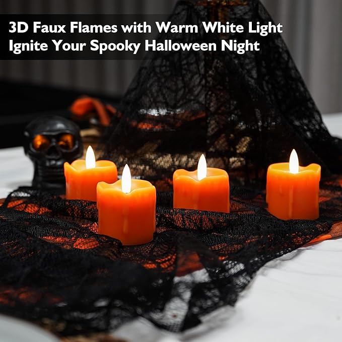 Rhytsing 2 inches Orange Flameless Votive Candles Real Wax Dripping Design, LED Faux Battery Operated Tealight Candles with Timer for Fall and Halloween, Batteries Included - Set of 4