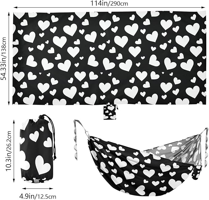 Camping Hammock Outdoor Hammocks for Outside White Heart Black Beach Trees Portable Lightweight with Pockets Tree Straps Indoor