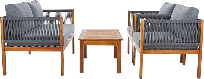 SAFAVIEH Outdoor Collection Wilson Brown Acacia Wood/Grey Cushion & Rope 4-Piece Conversation Patio Set