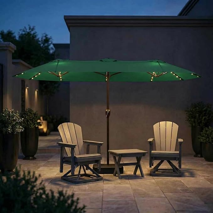 15FT Patio Umbrella with Solar Lights, Double-Sided Extra Large Outdoor Table Umbrella with Base Included, Heavy-Duty 12 Iron Ribs Market Umbrella for Garden, Pool, Backyard, Forest Green