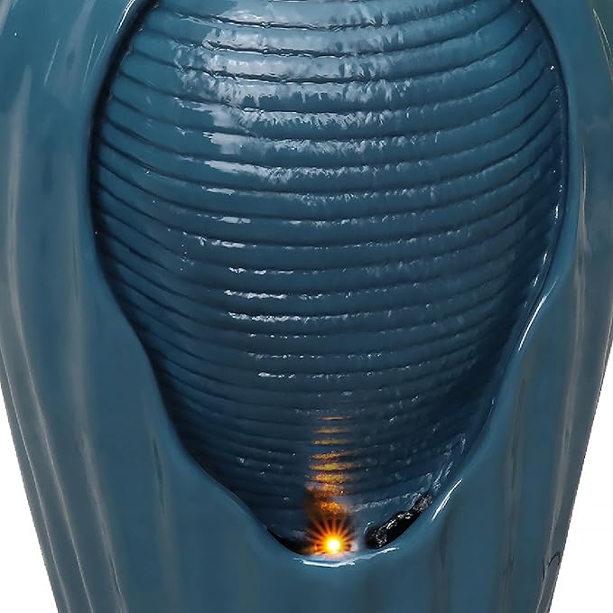 Teamson Home 32 in. Outdoor Contemporary Glazed Contoured Vase Water Fountain with LED Lights to Create a Calming Oasis in Gardens and Landscaping, on Patios, Balconies, Lawns, Teal Blue