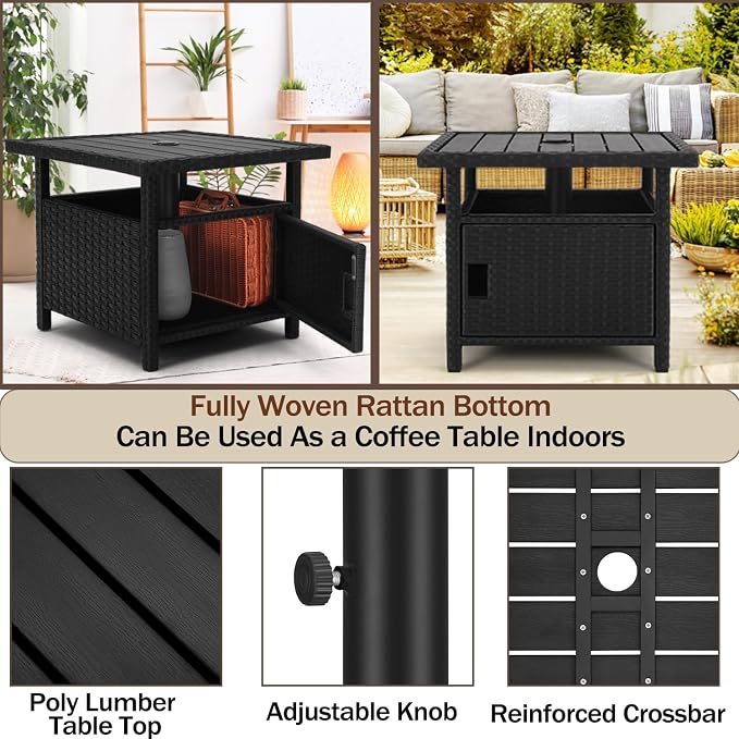 Outdoor Patio Umbrella Side Table with Umbrella Hole Small Wicker Coffee Table with Storage & 2 Weight Bags for Outside End Tables with Poly Lumber Top for Pool Deck Backyard Black