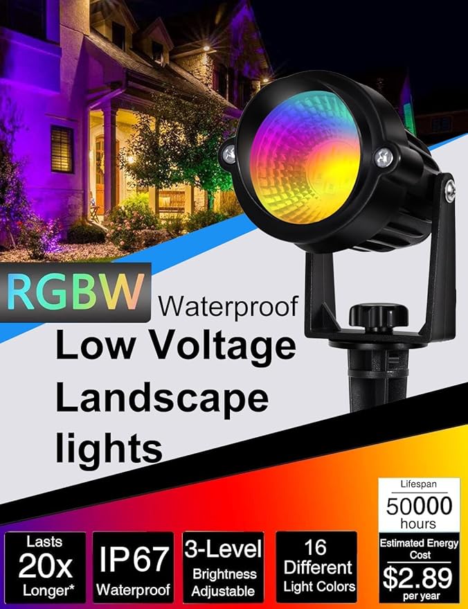 12W RGB Color Changing Landscape Lights Low Voltage LED Landscape Lighting Remote Control Spotlight Waterproof Garden Pathway Christmas Decorative Lights Outdoor, 20 Pack with Connector
