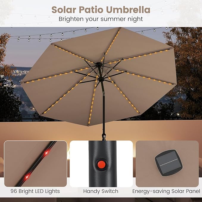 Tangkula 10 FT Solar Patio Umbrella, Outdoor Market Table Umbrella with 96 Multi-Colored Flowing LED Lights, 9 Modes, Tilt Adjustment, Crank Handle, 8 Ribs, Vented Top for Backyard Poolside Deck Lawn (Tan)