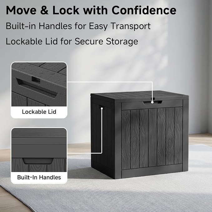 PatioZen 35 Gallon Outdoor Deck Box,Waterproof Resin Outdoor Storage Boxes, Outside Storage Lockable Container for Garden Tools,Indooor Cushions,Accessories (Black)