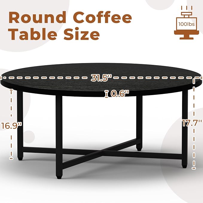 FAMIDGE Coffee Table, 31.5" Round Black Coffee Table for Living Room, Center Tables for Family & Office Use, Circle Coffee Tables Round, Large Black (31.5" D x 17.7" H)