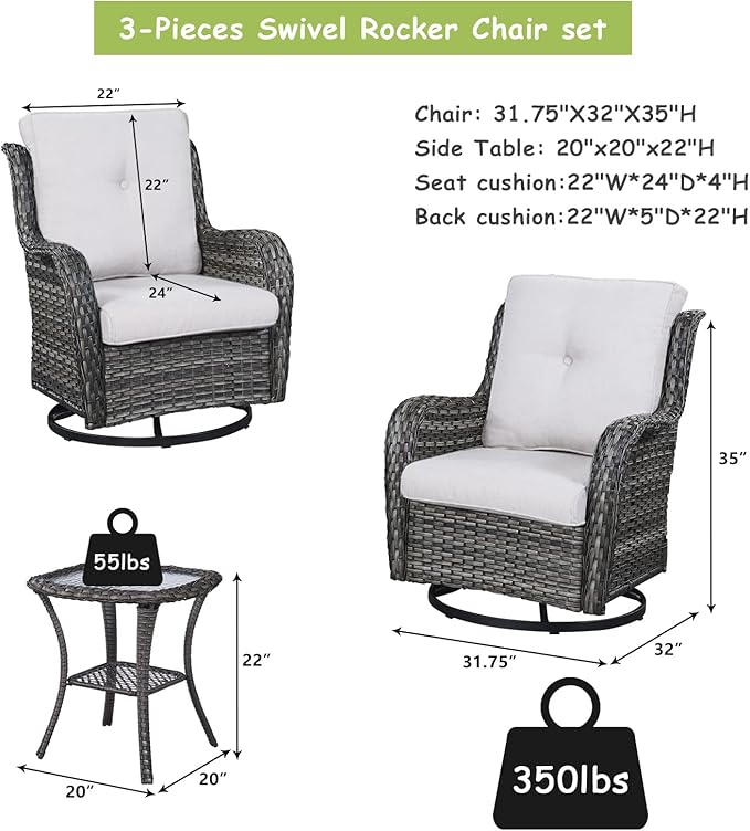 Rilyson Wicker Rocking Chair Swivel Chairs - 3 PC Rocker Patio Furniture Set Rattan Rocking Bistro Sets with Glass Top Side Table for Outdoor Porch Deck Garden Backyard (Mixed Grey/Beige)