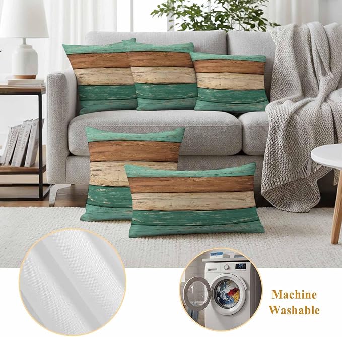 Farmhouse Teal Brown Outdoor Waterproof Pillow Covers, Vintage Wooden Striped Decorative Square Throw Pillowcase Sofa Cushion Sham for Patio/Couch/Chair, 26"x26" 2 Pack